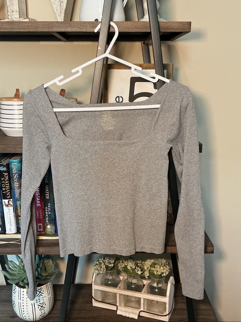 Free People Gray Square-Neck Long Sleeve Top Size XS/S